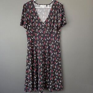 Lark & RO Women's Size 10 Black Floral Print  Knee Length Dress Short Sleeve EUC
